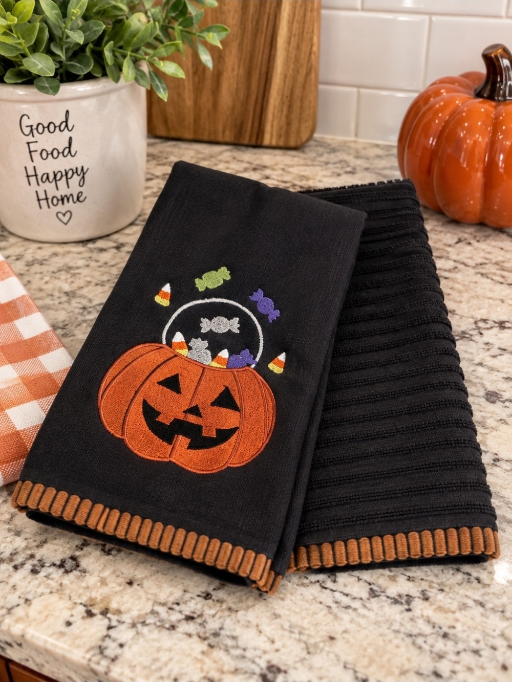 Halloween Pumpkin Cotton Kitchen Towels - Black & Orange